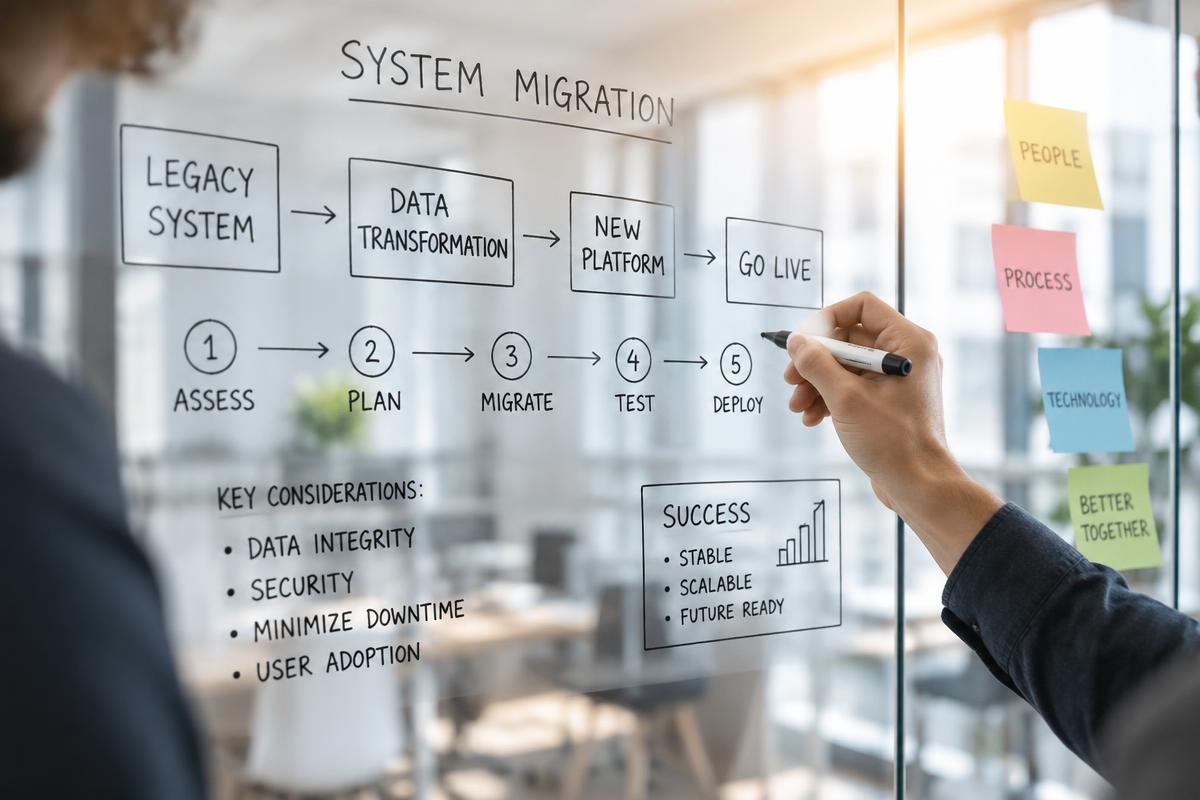 Hand sketching a system migration roadmap on a glass wall