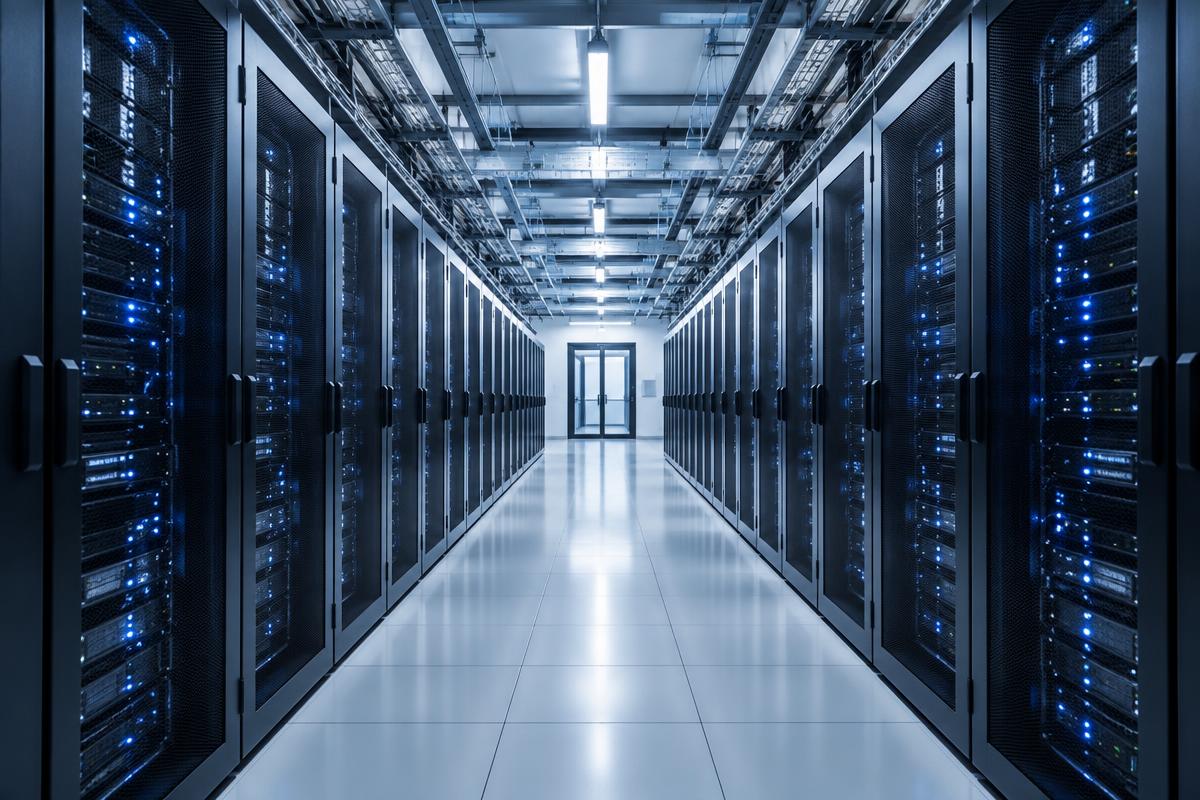 Modern data center corridor lined with server racks