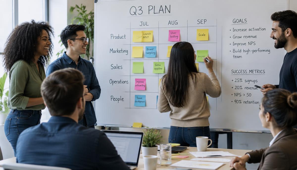 Team planning a quarter on a whiteboard with sticky notes