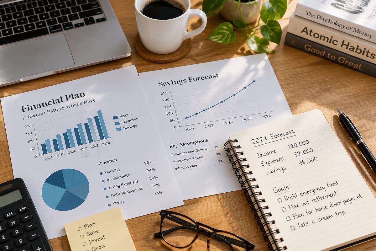 Desk with printed financial plans, forecast notes and coffee